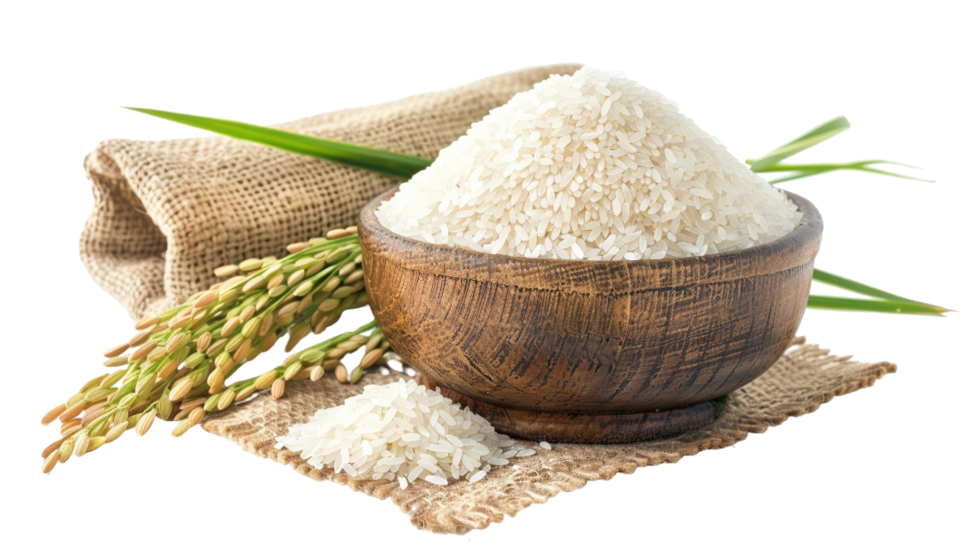 Sack of rice beside a bowl of milled grain